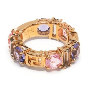 Authentic Versace Gold-Tone Pink & Lavender Crystal Signature Ring 5.5